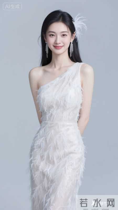 斜肩裙饰羽毛,缎面质感高级,温柔又显气质