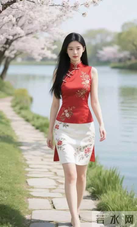 新中式风格设计衣服美女 穿梭在樱花盛开地方