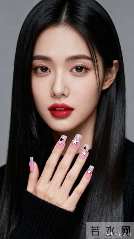 黑毛衣+渐变粉美甲，极简风也能美到发光