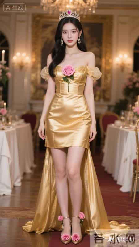 金色礼服玫瑰点缀，闪亮又温柔