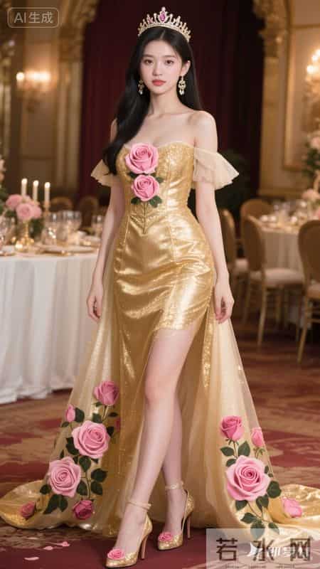 金色礼服玫瑰点缀，闪亮又温柔