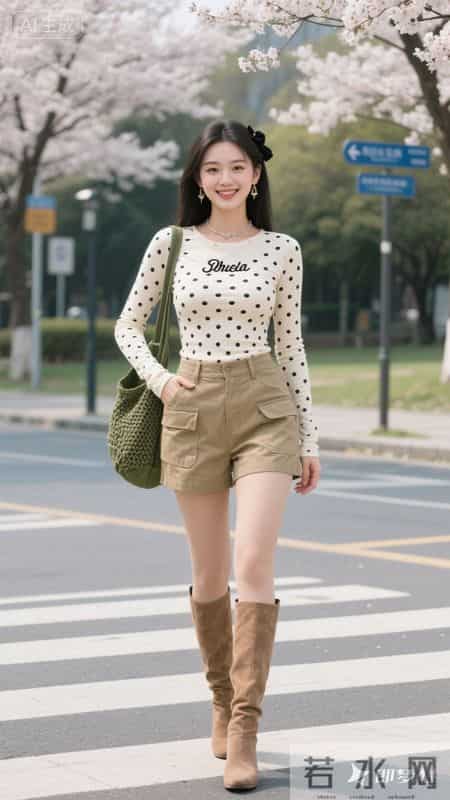 白底黑点上衣,搭配卡其色工装短裤利落显腿长,甜酷感拉满