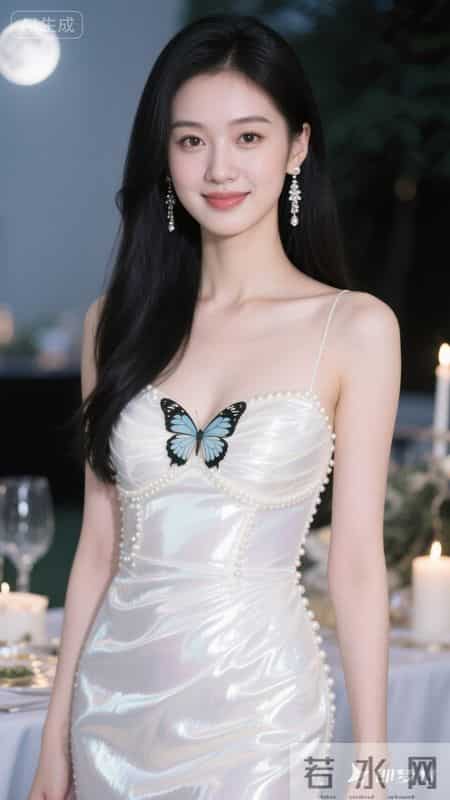 幻彩白缎面吊带裙，蝴蝶装饰，优雅灵动