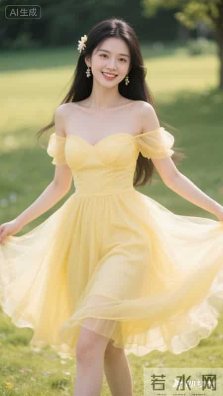 穿着淡黄色一字肩纱裙，裙摆轻盈飘逸，在草地上奔跑，清新又好看