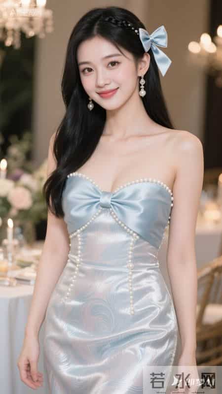 黑色亮面吊带裙，蝴蝶结与珍珠装饰，甜酷又亮眼