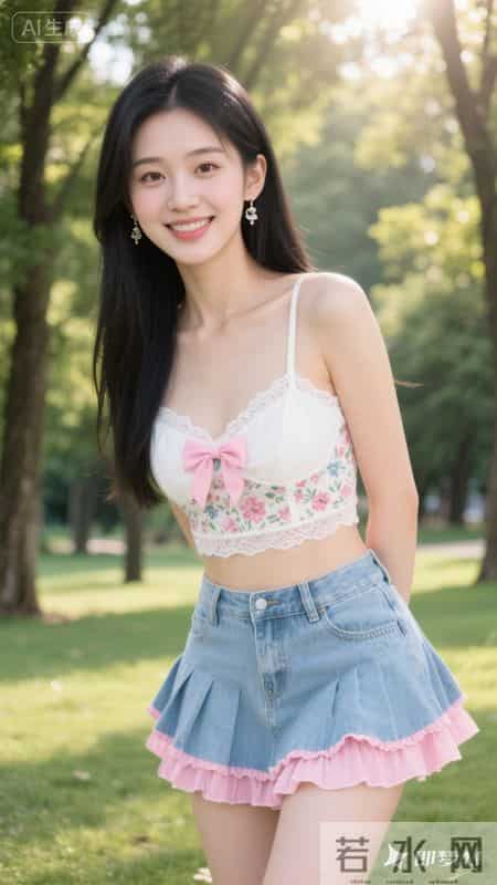 粉白小吊带和牛仔裙，简单又好看