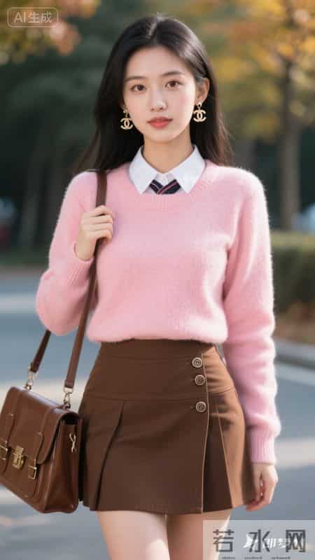 粉糯针织衫配棕色皮裙，元气又温柔的秋日穿搭