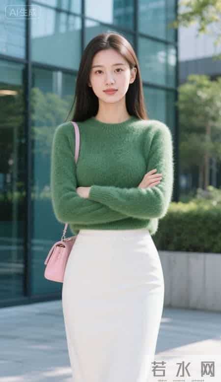 阳光下的绿毛衣与白裙子