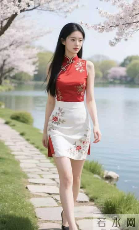 新中式风格设计衣服美女 穿梭在樱花盛开地方