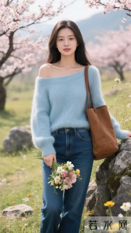 清新温柔的春日松弛风~浅蓝色一字肩毛绒毛衣自带软萌氛围感