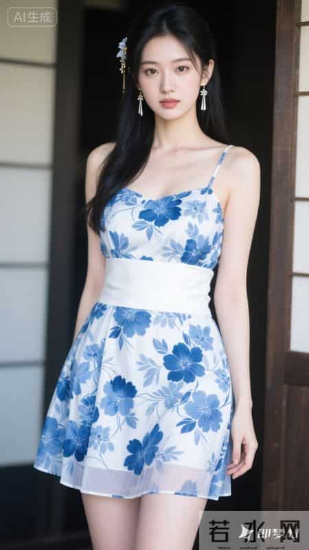蓝底碎花吊带裙清新治愈，A字裙摆活力无限
