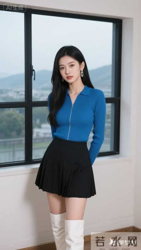 浅蓝针织衫配黑百褶裙，简约清新又显活力