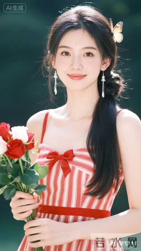 身着红白条纹吊带裙，蝴蝶结点缀胸前，手持玫瑰，尽显清甜灵动