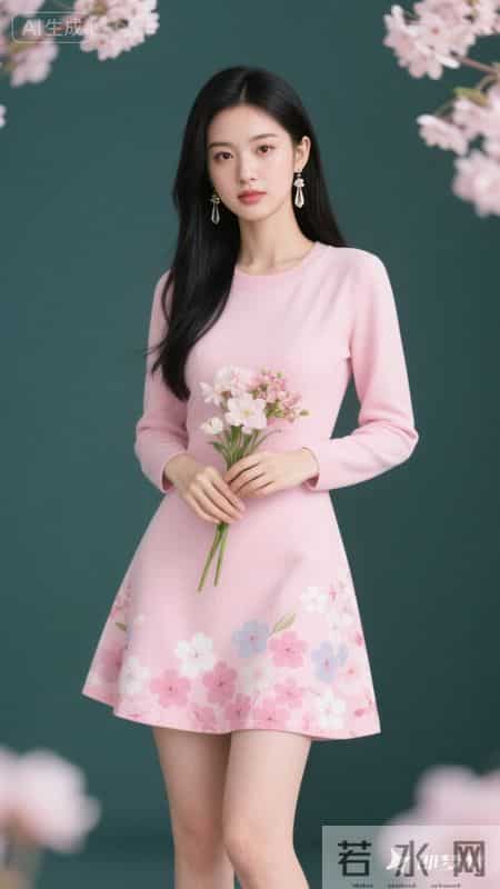 粉色连衣裙，樱花元素点缀，清新又甜美
