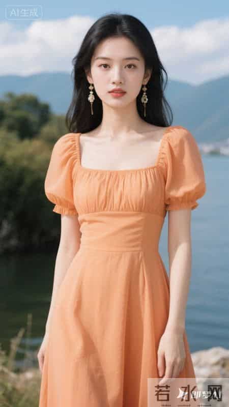 暖橘色方领泡泡袖连衣裙，清新又元气