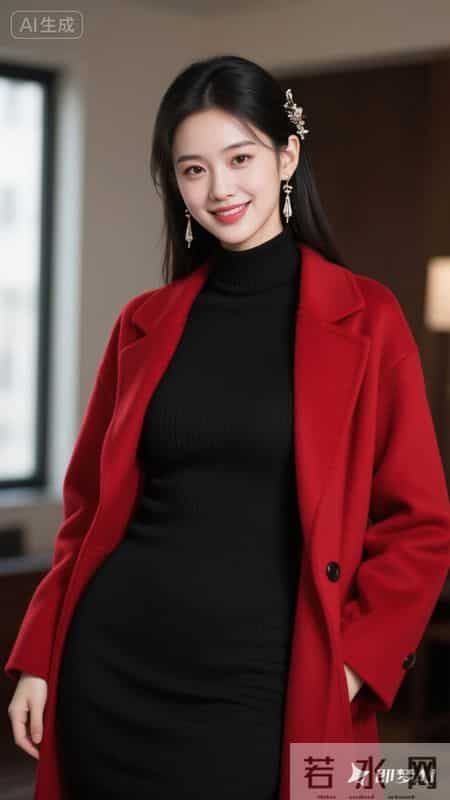 正红大衣搭黑色针织裙，明艳大气，简约又高级