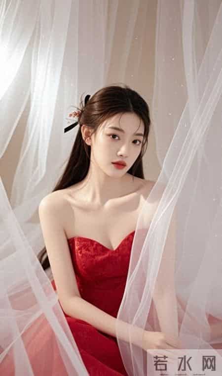 暖光里的抹胸红裙,裹着半透的纱,眉眼间的温柔能把人化在春日里