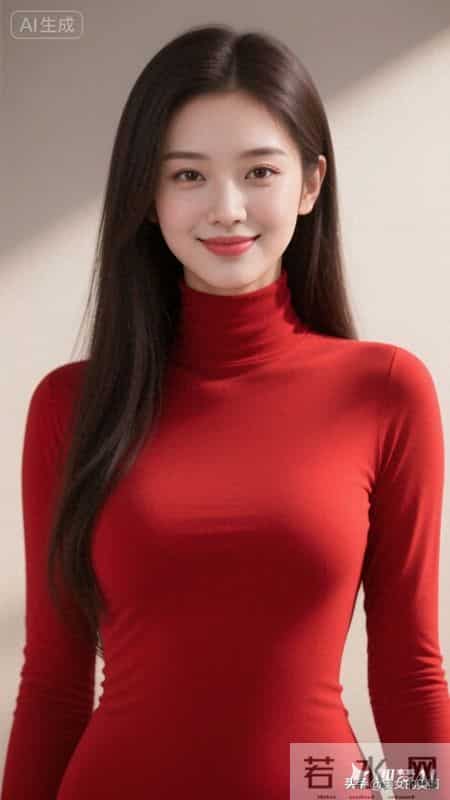 绝色佳人,中国红色高领打底上衣女人,美极了