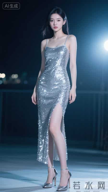 修身亮片裙+高开叉，夜色下每一步都在发光