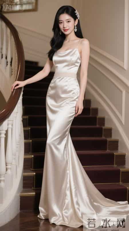 缎面鱼尾礼服拖尾蜿蜒，尽显优雅华贵气质