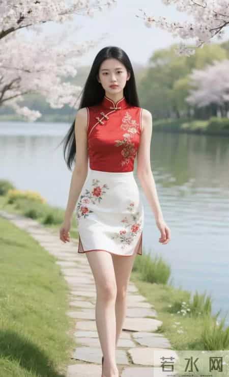 新中式风格设计衣服美女 穿梭在樱花盛开地方