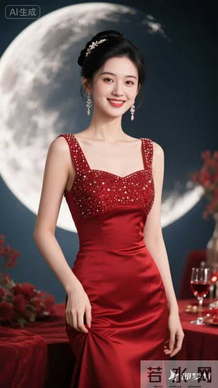 正红缎面鱼尾礼服缀满钻饰，衬得身姿窈窕，明艳大气