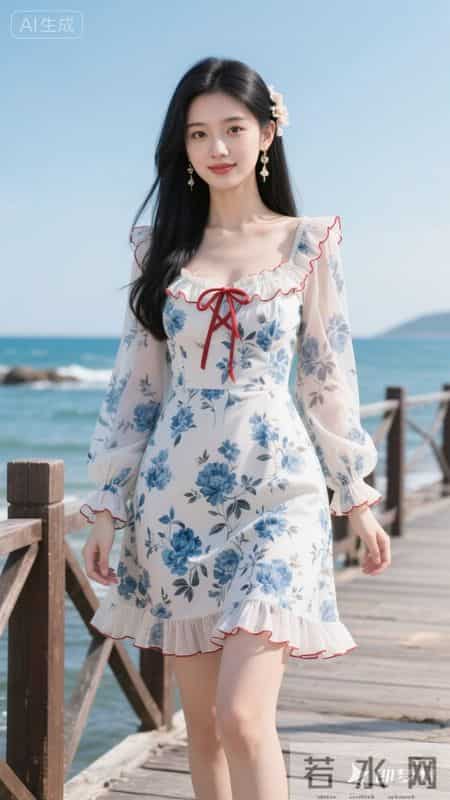 蓝白碎花方领连衣裙,泡泡袖+荷叶边设计,清新又显气质