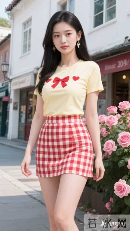 黄色短袖搭格纹短裙，青春又有活力