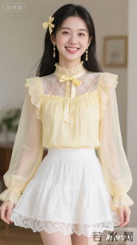 淡黄蕾丝配蝴蝶结，甜妹风拉满，温柔又显气质