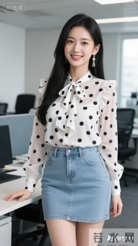 波点雪纺衬衫，搭配浅色牛仔裙，甜美又灵动