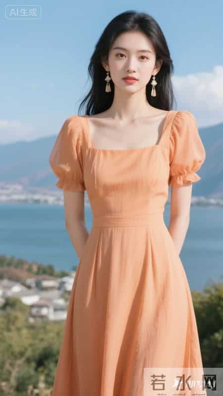 暖橘色方领泡泡袖连衣裙，清新又元气