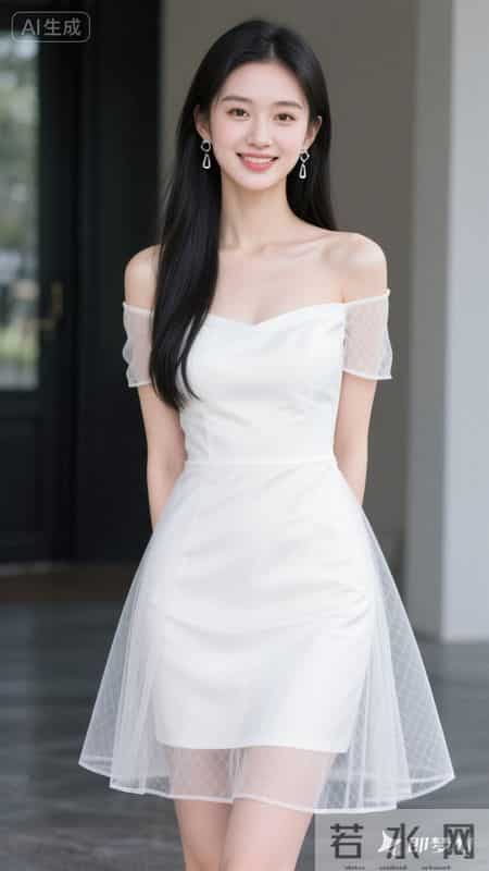 一字肩网纱连衣裙，薄袖轻透，裙摆灵动，尽显温柔优雅的气质
