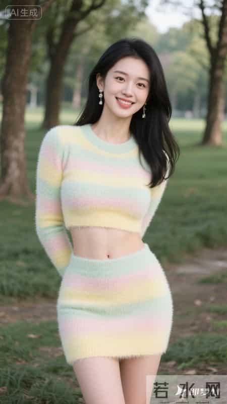 穿上彩色条纹针织套装，走在林间小路上，舒服又好看