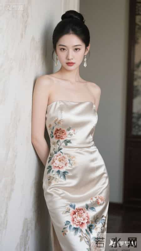 缎面旗袍绣繁花，立领高开叉，在回廊间邂逅东方雅致