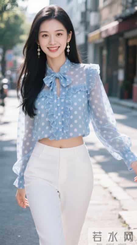 蓝色波点雪纺衬衫搭配白色裤子，清爽又清甜