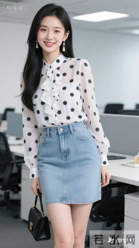 波点雪纺衬衫，搭配浅色牛仔裙，甜美又灵动