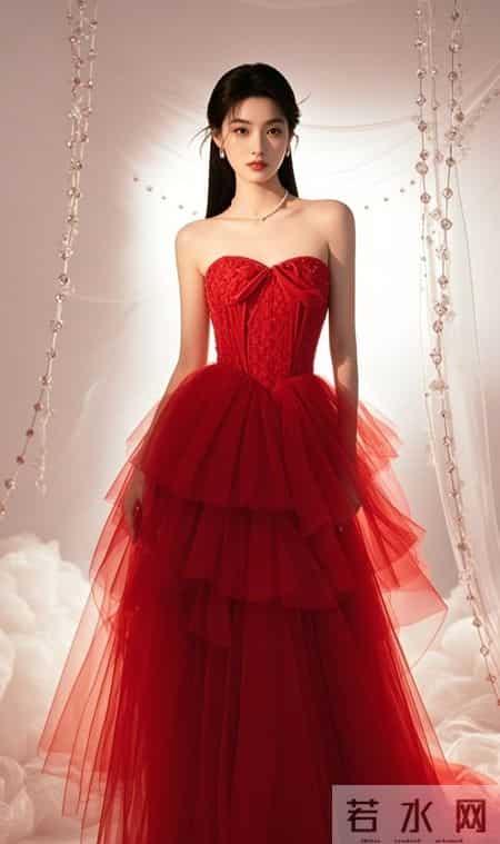 暖光里的抹胸红裙,裹着半透的纱,眉眼间的温柔能把人化在春日里
