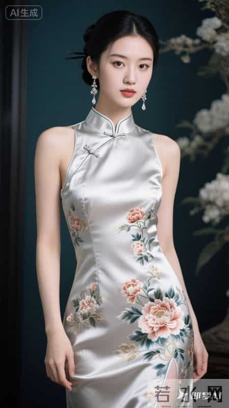 缎面旗袍绣繁花，立领高开叉，在回廊间邂逅东方雅致