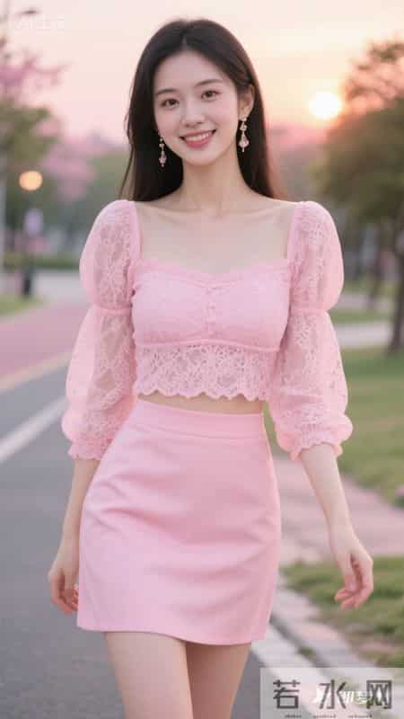 粉蕾丝泡泡袖上衣配同色包臀裙，漫步黄昏街道，甜美精致又温柔