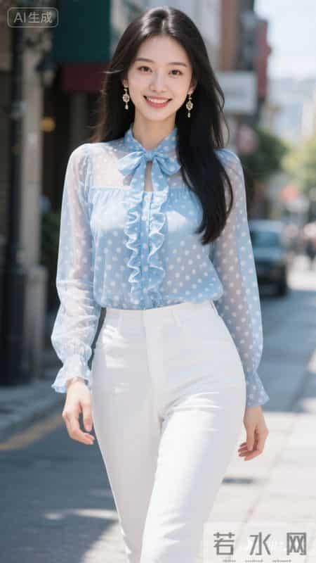 蓝色波点雪纺衬衫搭配白色裤子，清爽又清甜
