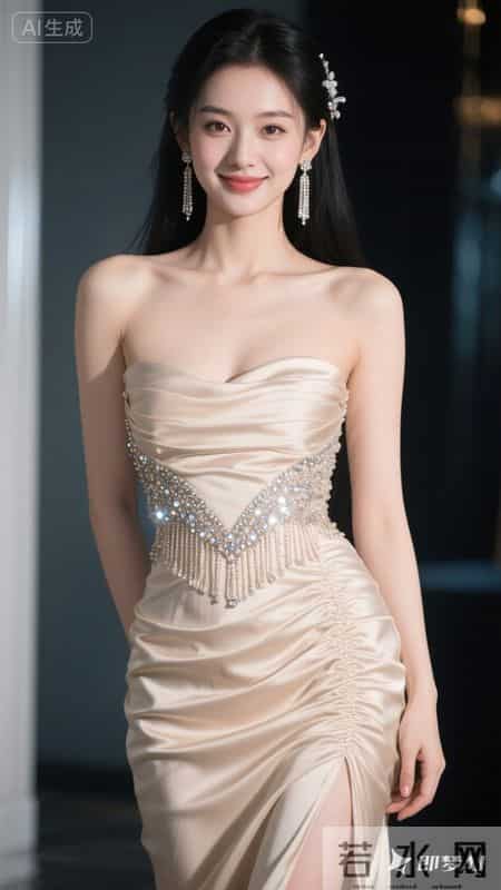 香槟色缎面吊带裙缀满钻饰流苏，开叉设计尽显优雅又不失性感魅力