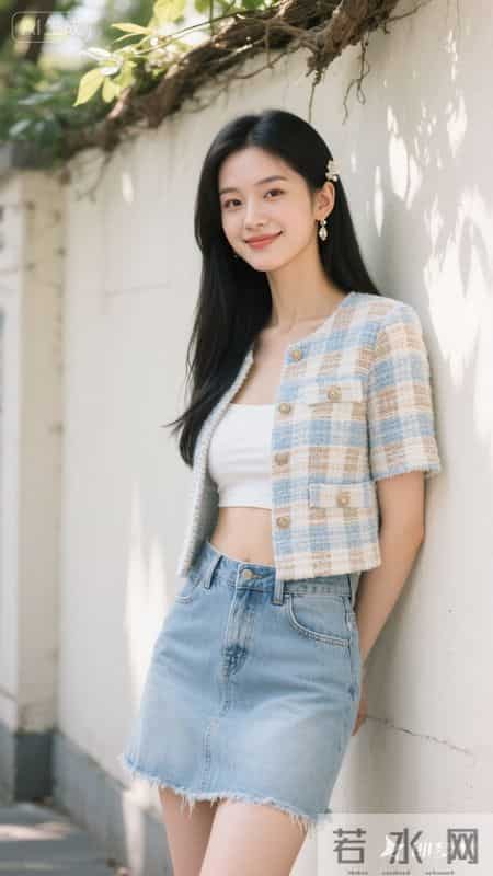 小香风外套配牛仔裙，在斑驳光影里，把优雅和随性穿在身上