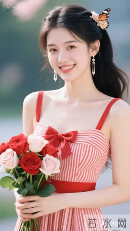 身着红白条纹吊带裙，蝴蝶结点缀胸前，手持玫瑰，尽显清甜灵动