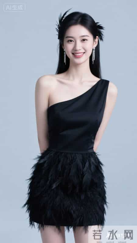 斜肩裙饰羽毛,缎面质感高级,温柔又显气质