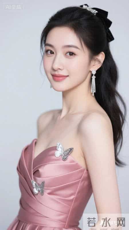 身着粉缎抹胸礼服，银蝶精致闪耀，浅笑间尽显优雅温柔