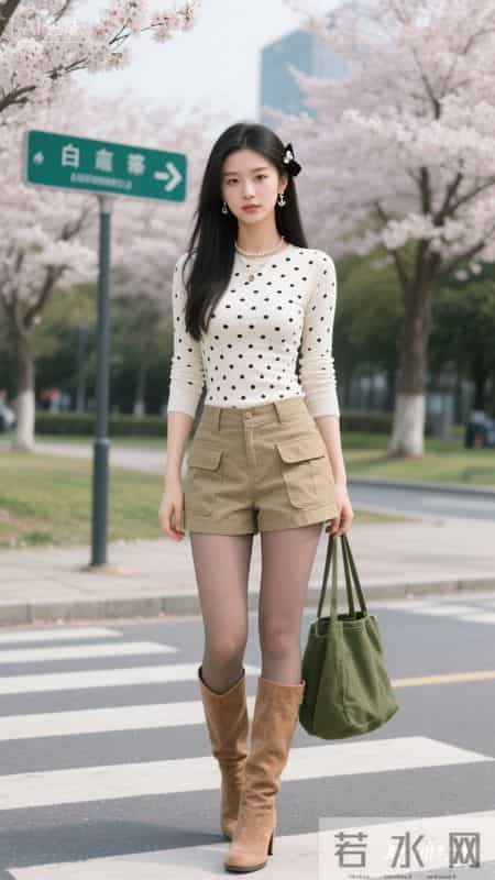 白底黑点上衣,搭配卡其色工装短裤利落显腿长,甜酷感拉满