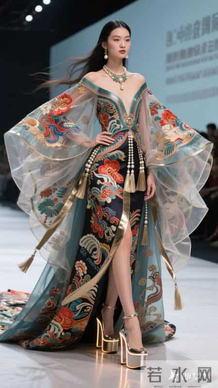 东方美女。远景拍摄，中西结合长礼服，夸张的拖尾，立体裁剪