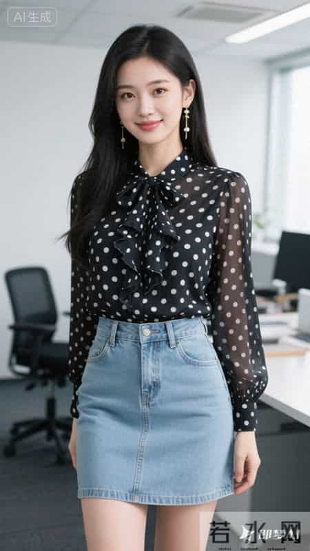 波点雪纺衬衫，搭配浅色牛仔裙，甜美又灵动