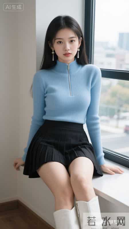 浅蓝针织衫配黑百褶裙，简约清新又显活力