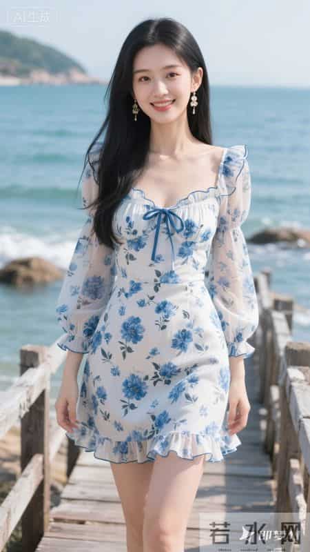 蓝白碎花方领连衣裙,泡泡袖+荷叶边设计,清新又显气质